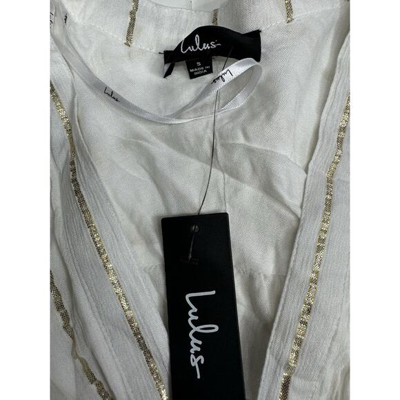 Lulus NWT Mini Dress Womens Small Ivory Gold Metallic Stripe Dolman Sleeves - Picture 3 of 6